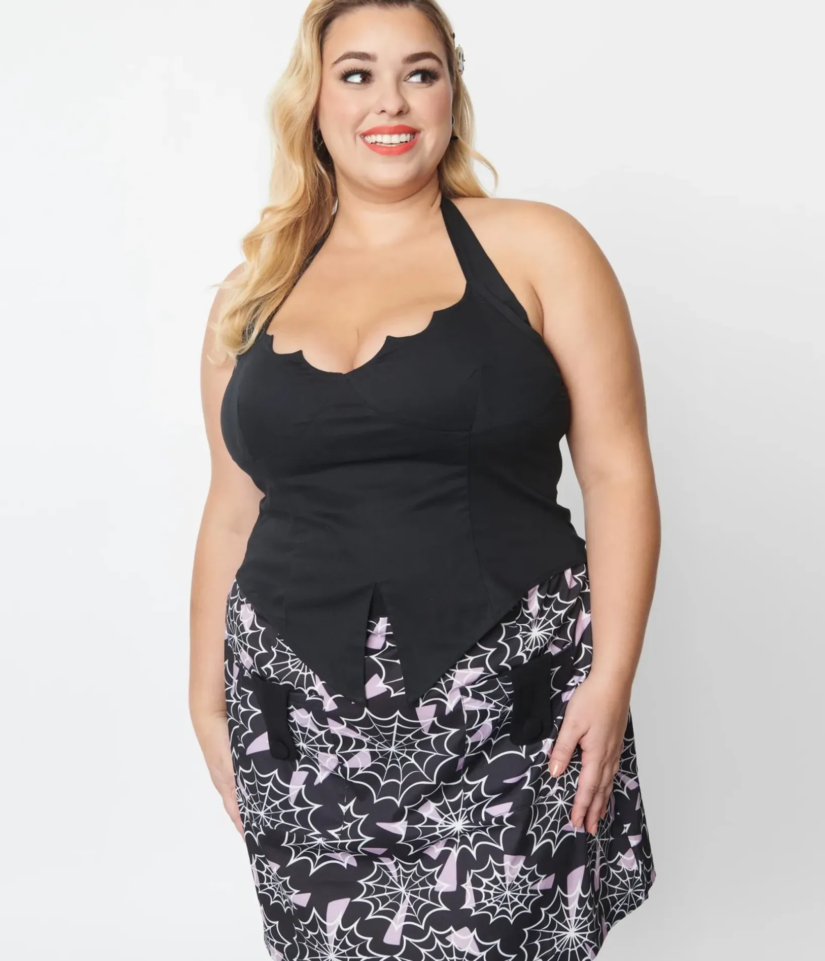 Unique Vintage Halloween>Plus Size Black Bat Halter Crop Top