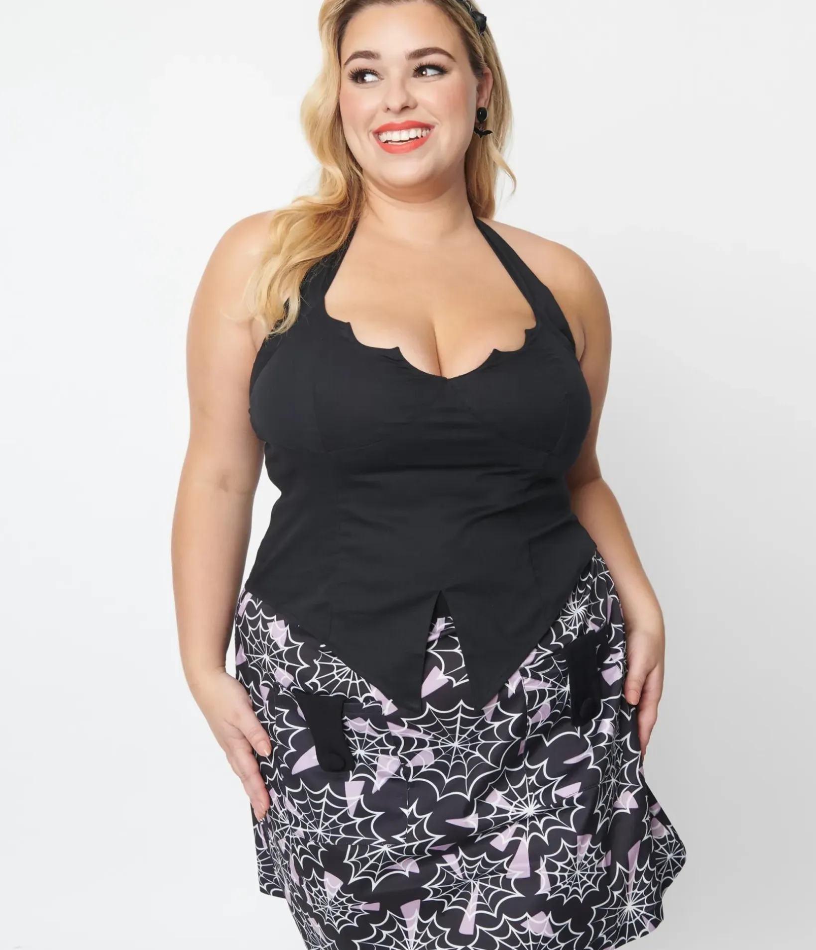 Unique Vintage Halloween>Plus Size Black Bat Halter Crop Top