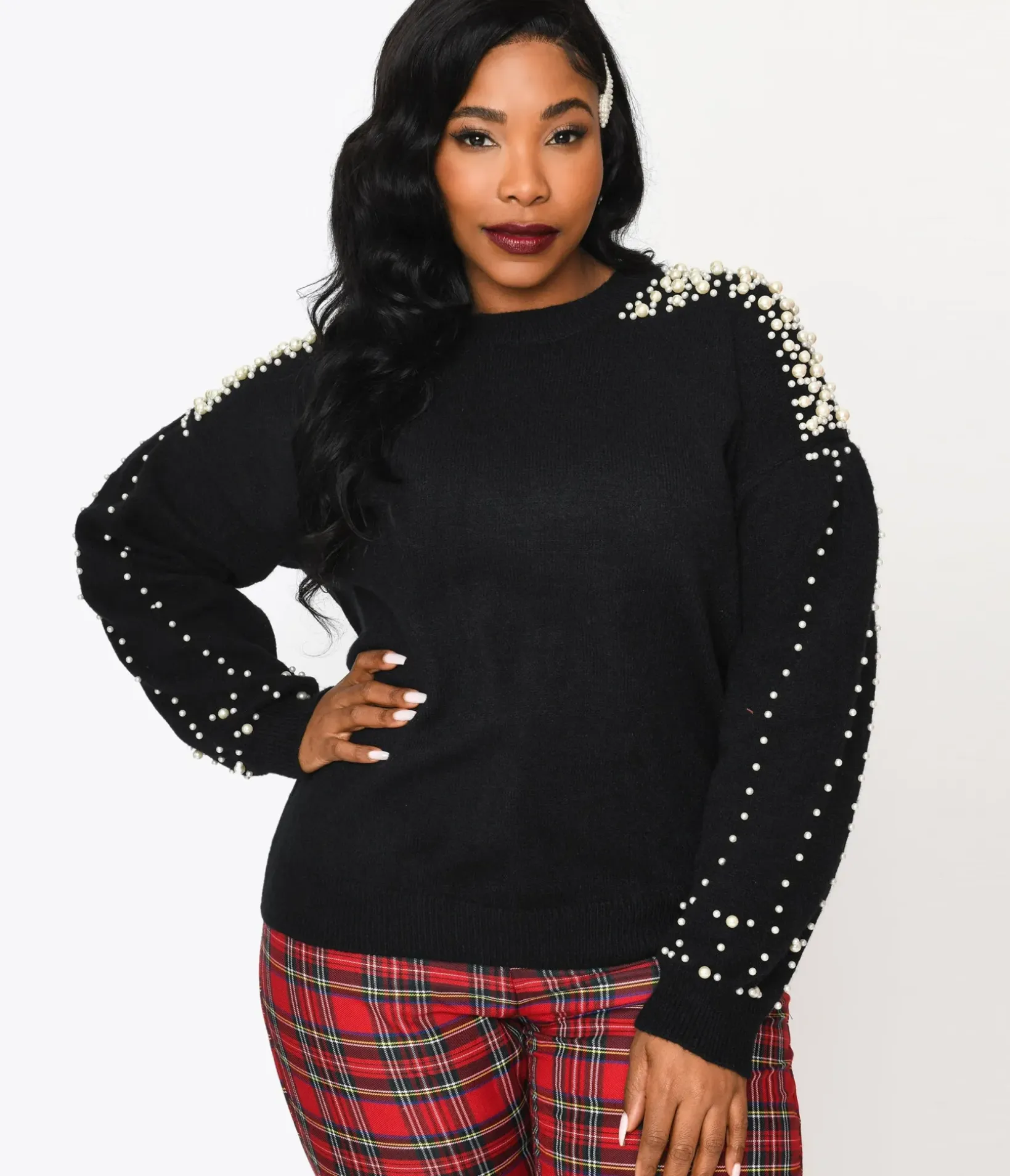Unique Vintage Sweaters & Cardigans|Sweaters & Cardigans>Plus Size Black & Faux Pearl Studded Knit Sweater