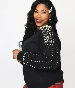 Unique Vintage Sweaters & Cardigans|Sweaters & Cardigans>Plus Size Black & Faux Pearl Studded Knit Sweater