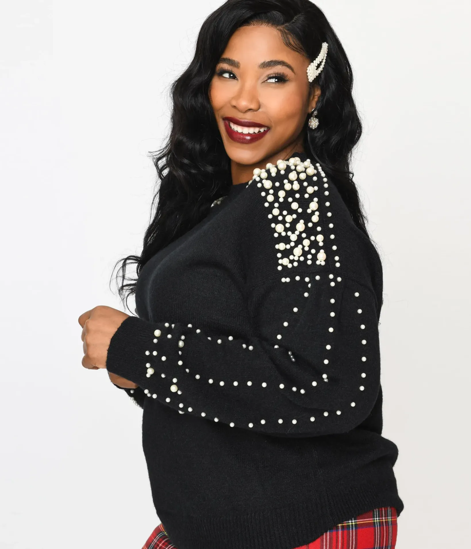 Unique Vintage Sweaters & Cardigans|Sweaters & Cardigans>Plus Size Black & Faux Pearl Studded Knit Sweater