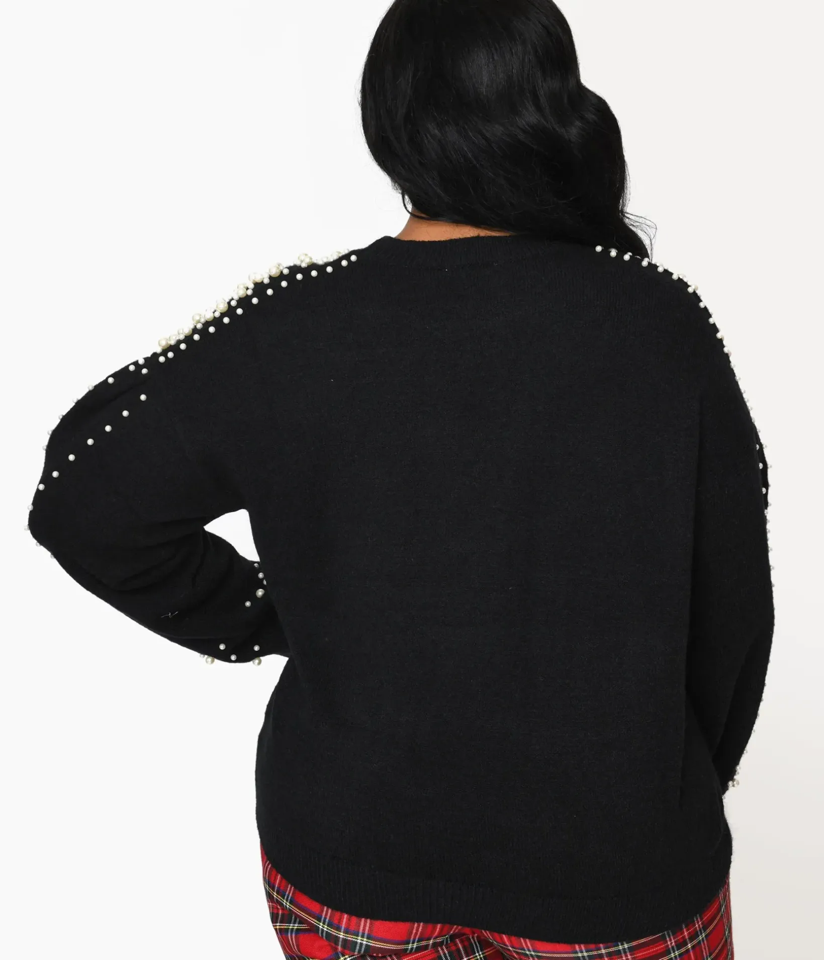 Unique Vintage Sweaters & Cardigans|Sweaters & Cardigans>Plus Size Black & Faux Pearl Studded Knit Sweater