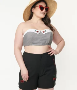 Unique Vintage Blouses|All Things Black>Plus Size Black Gingham & Cherry Skull Bandeau Crop Top