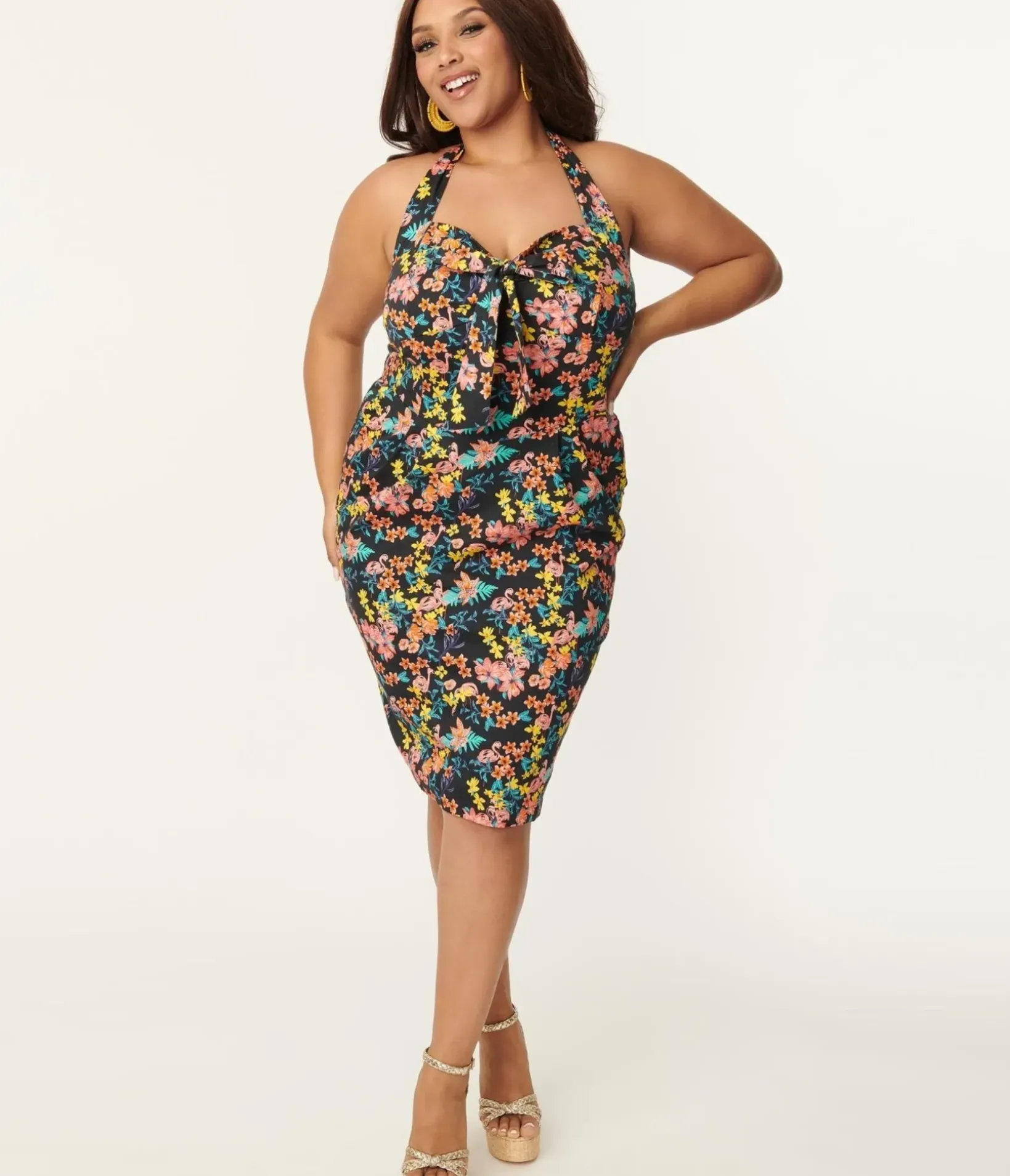 Unique Vintage Everyday Dresses|All Things Pink>Plus Size Black & Pink Floral Sally Wiggle Dress