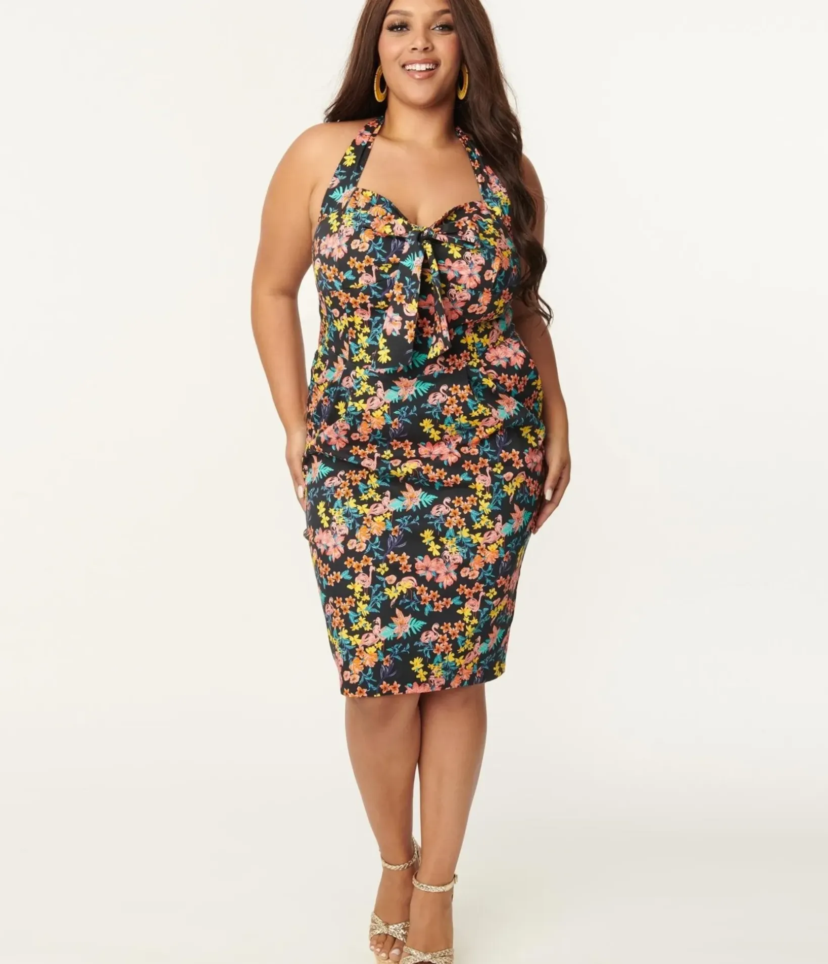 Unique Vintage Everyday Dresses|All Things Pink>Plus Size Black & Pink Floral Sally Wiggle Dress
