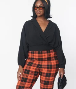 Unique Vintage Blouses|Blouses>Plus Size Black Surplice Back Tie Top