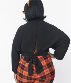Unique Vintage Blouses|Blouses>Plus Size Black Surplice Back Tie Top