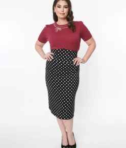 Unique Vintage Skirts|Skirts>Plus Size Black & White Polka Dot Wiggle Skirt