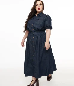 Unique Vintage Midi|Pocket Dresses>Plus Size Blue Denim Get The Look Midi Dress