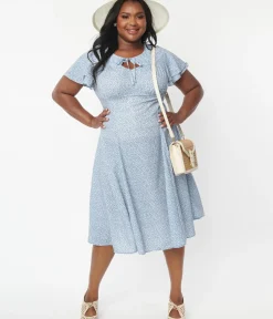 Unique Vintage Swing|Swing>Plus Size Blue & White Floral Print Lydia Swing Dress