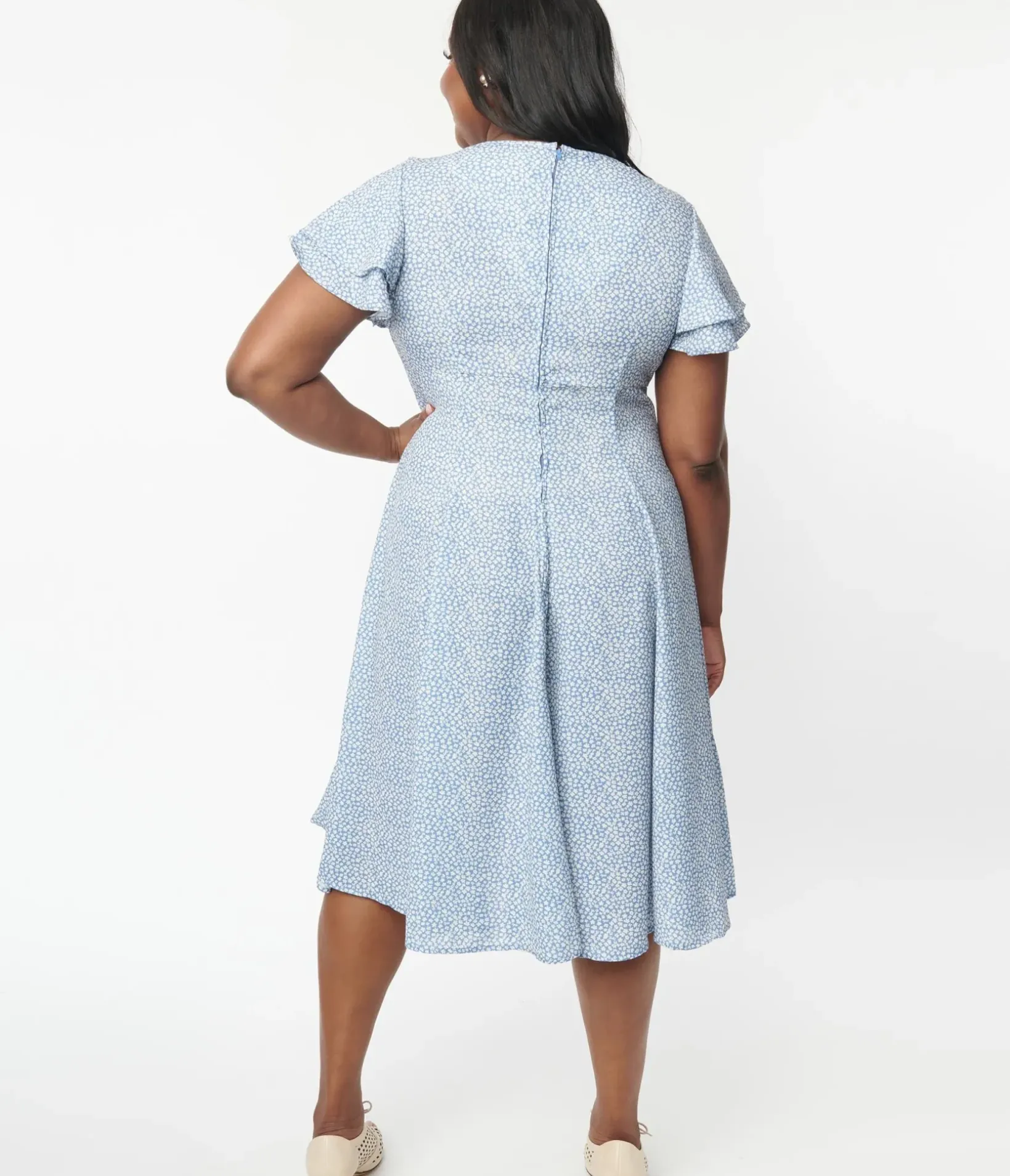 Unique Vintage Swing|Swing>Plus Size Blue & White Floral Print Lydia Swing Dress