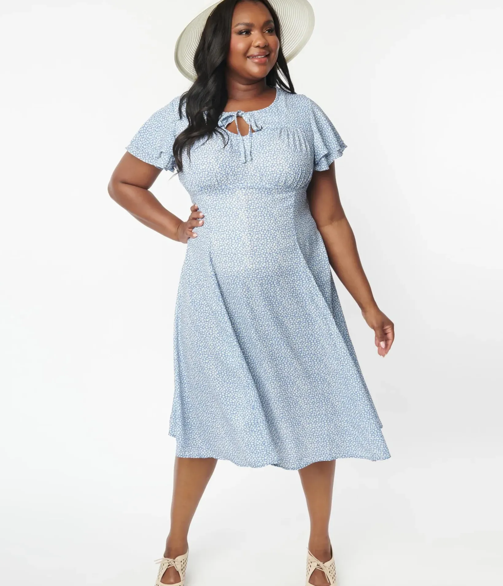 Unique Vintage Swing|Swing>Plus Size Blue & White Floral Print Lydia Swing Dress