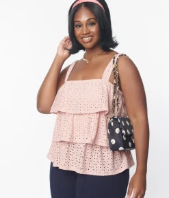 Unique Vintage All Things Pink>Plus Size Blush Pink Eyelet Tiered Crop Top