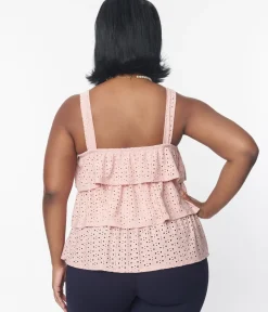 Unique Vintage All Things Pink>Plus Size Blush Pink Eyelet Tiered Crop Top