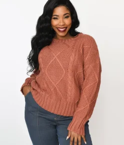 Unique Vintage Sweaters & Cardigans|Work Wear>Plus Size Brick Red Cable Knit Oversize Sweater