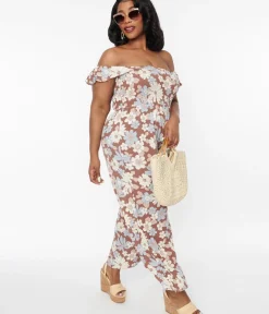 Unique Vintage Rompers & Jumpsuits|Rompers & Jumpsuits>Plus Size Brown & Muted Florals Off The Shoulder Jumpsuit