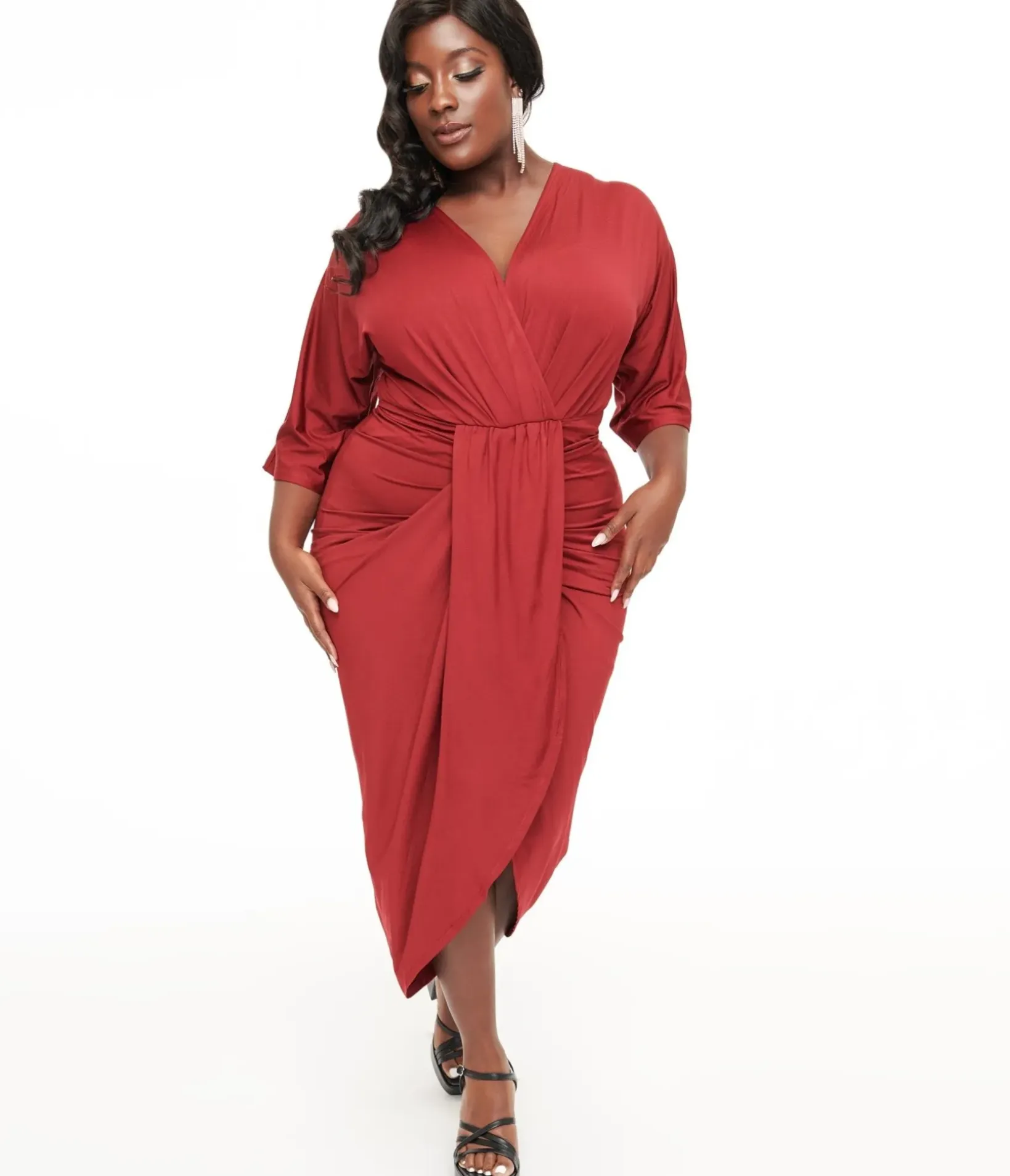 Unique Vintage Pencil|Pencil>Plus Size Burgundy Ruched Wiggle Dress