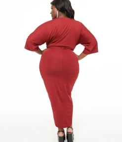 Unique Vintage Pencil|Pencil>Plus Size Burgundy Ruched Wiggle Dress