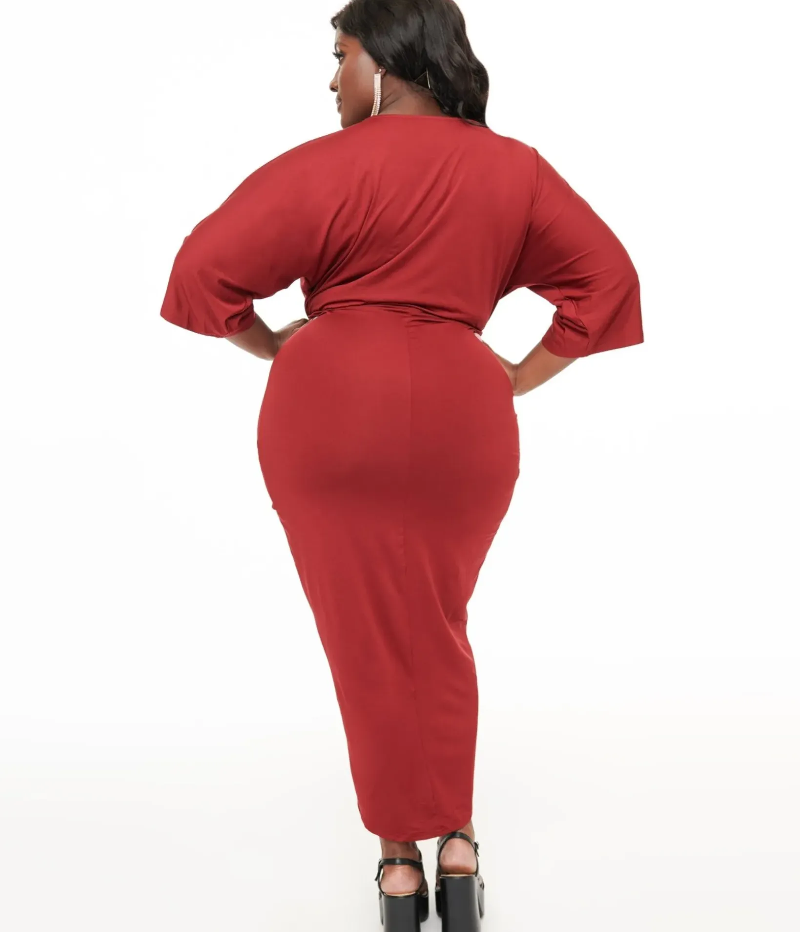 Unique Vintage Pencil|Pencil>Plus Size Burgundy Ruched Wiggle Dress