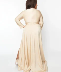 Unique Vintage Special Occasion|Prom Dresses>Plus Size Champagne Long Sleeve Sophisticated Goddess Gown