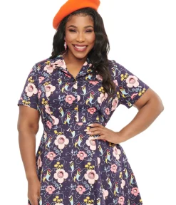 Unique Vintage Blouses|Blouses>Plus Size Dark Blue Carnivorous Plants Print Collared Top