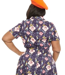 Unique Vintage Blouses|Blouses>Plus Size Dark Blue Carnivorous Plants Print Collared Top