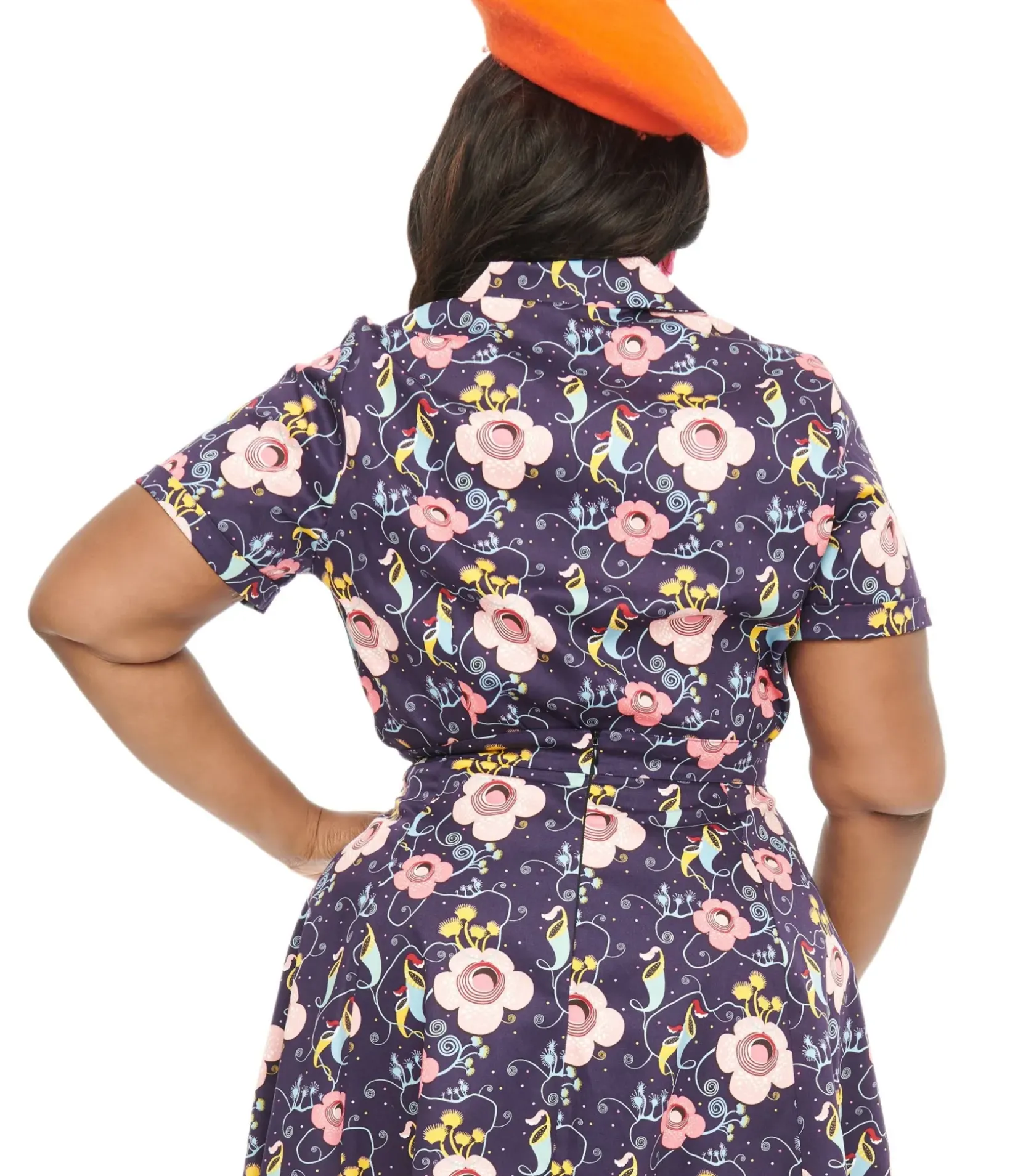 Unique Vintage Blouses|Blouses>Plus Size Dark Blue Carnivorous Plants Print Collared Top