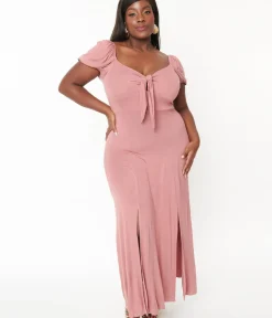 Unique Vintage Maxi|Midi & Maxi>Plus Size Dusty Pink Off She Shoulder Maxi Dress