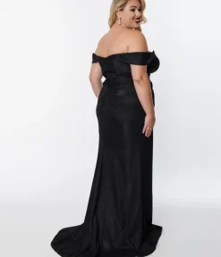 Unique Vintage Special Occasion|Prom Dresses>Plus Size Elegant Black Shimmer Off The Shoulder Dress