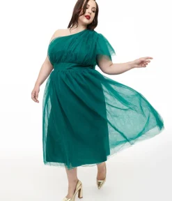 Unique Vintage Midi|Everyday Dresses>Plus Size Emerald Tulle Lively Charm Midi Dress