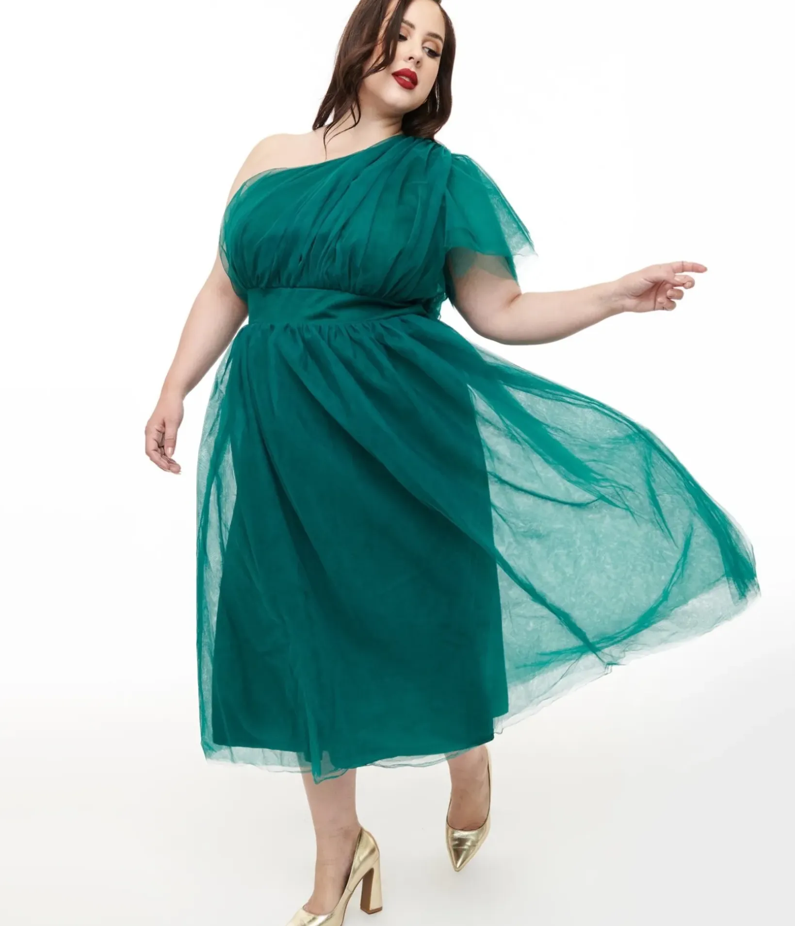 Unique Vintage Midi|Everyday Dresses>Plus Size Emerald Tulle Lively Charm Midi Dress