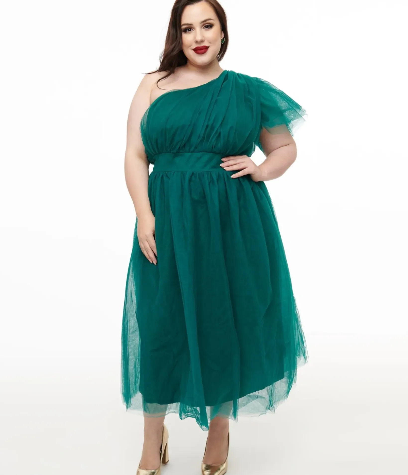 Unique Vintage Midi|Everyday Dresses>Plus Size Emerald Tulle Lively Charm Midi Dress
