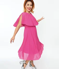 Unique Vintage Midi|Everyday Dresses>Plus Size Fuchsia Pleated Midi Dress