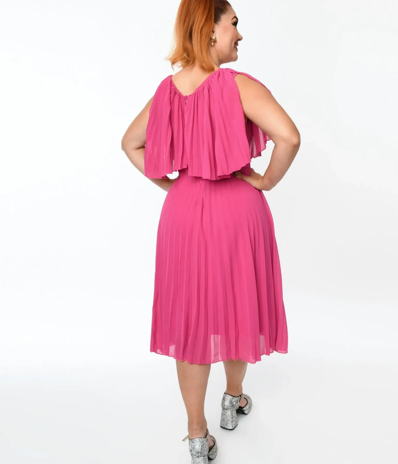 Unique Vintage Midi|Everyday Dresses>Plus Size Fuchsia Pleated Midi Dress