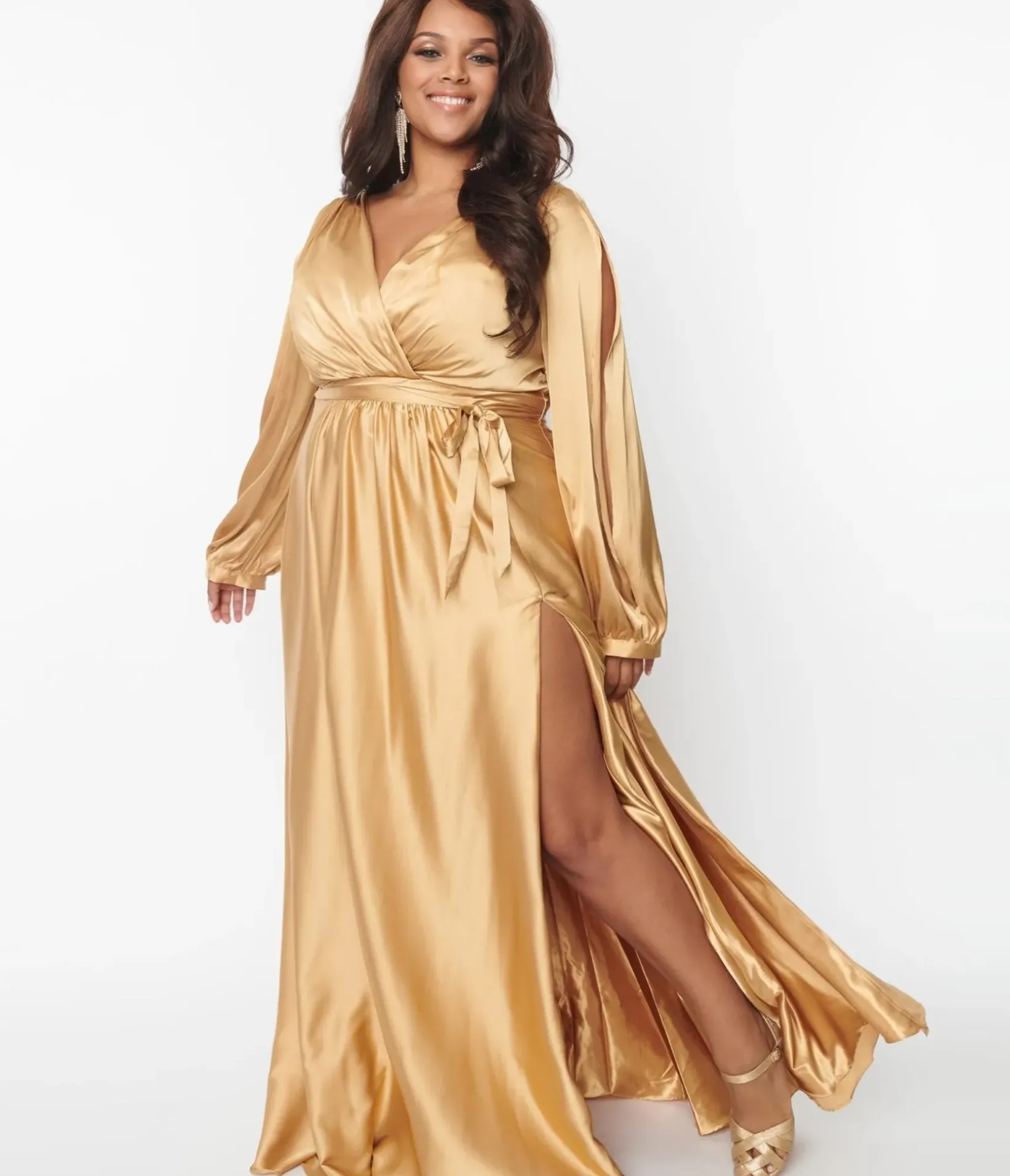 Unique Vintage Special Occasion|Prom Dresses>Plus Size Gold Satin Long Sleeve Goddess Gown
