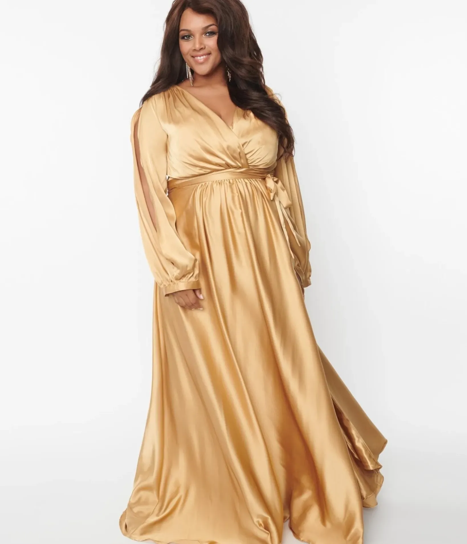 Unique Vintage Special Occasion|Prom Dresses>Plus Size Gold Satin Long Sleeve Goddess Gown