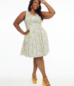 Unique Vintage Swing|Pocket Dresses>Plus Size Green & Multicolor Floral Cotton Swing Dress