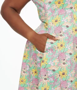 Unique Vintage Swing|Pocket Dresses>Plus Size Green & Multicolor Floral Cotton Swing Dress