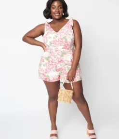 Unique Vintage Rompers & Jumpsuits>Plus Size Ivory Floral Truth Be Told Romper