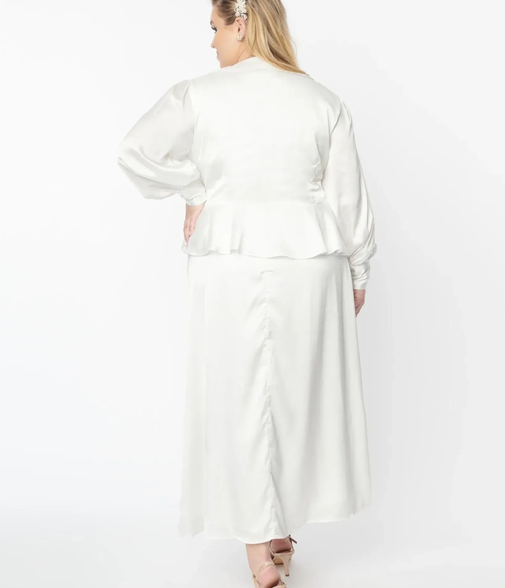 Unique Vintage Everyday Dresses>Plus Size Ivory Long Sleeve Blouse & Midi Skirt Bridal Set