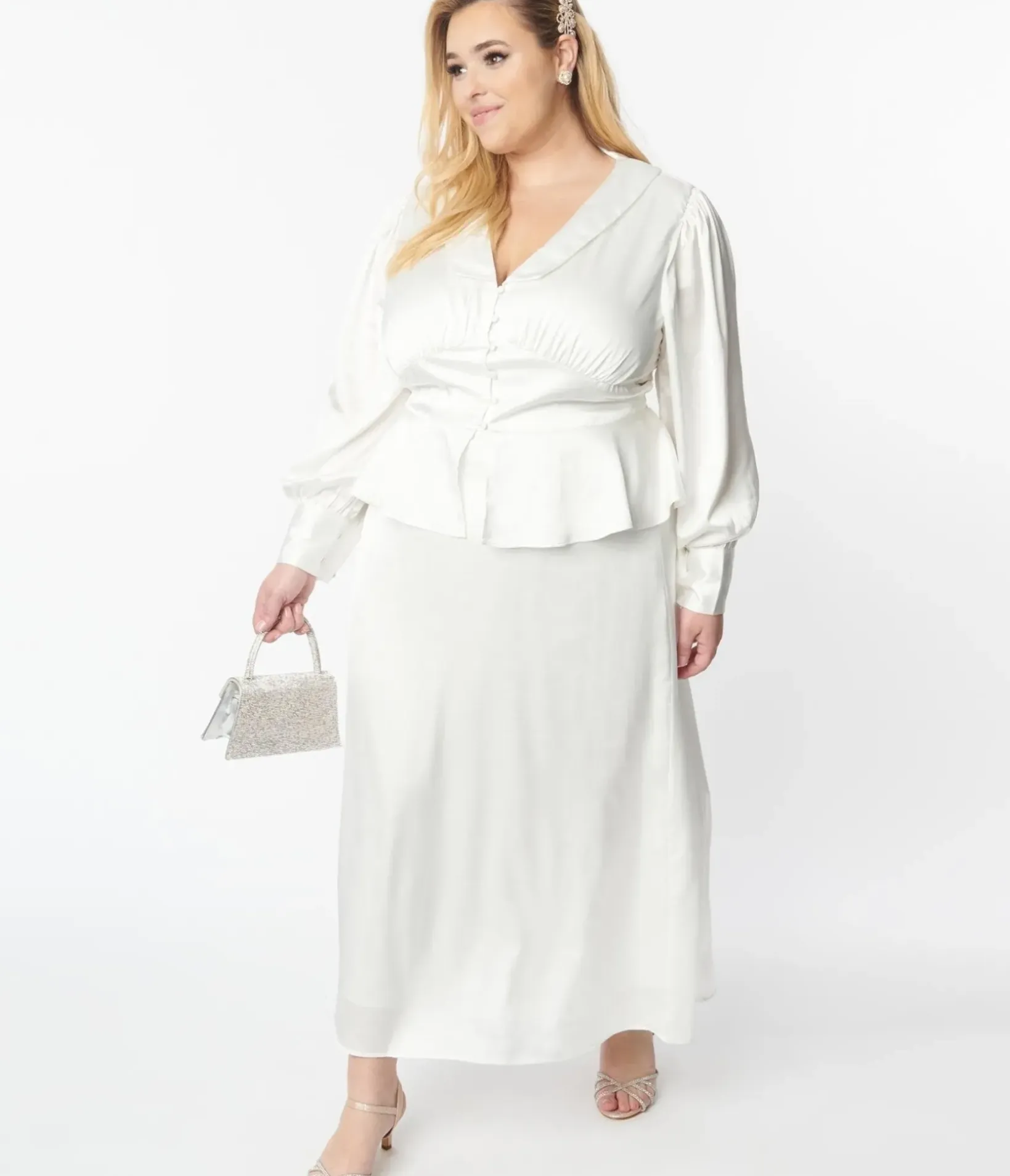 Unique Vintage Everyday Dresses>Plus Size Ivory Long Sleeve Blouse & Midi Skirt Bridal Set
