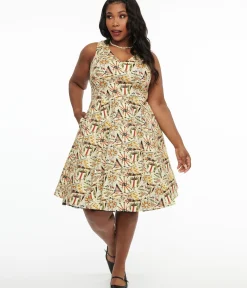 Unique Vintage Swing|Pocket Dresses>Plus Size Ivory & Tarot Card Print Cotton Swing Dress