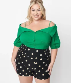 Unique Vintage Blouses|Blouses>Plus Size Kelly Green Off The Shoulder Collared Top