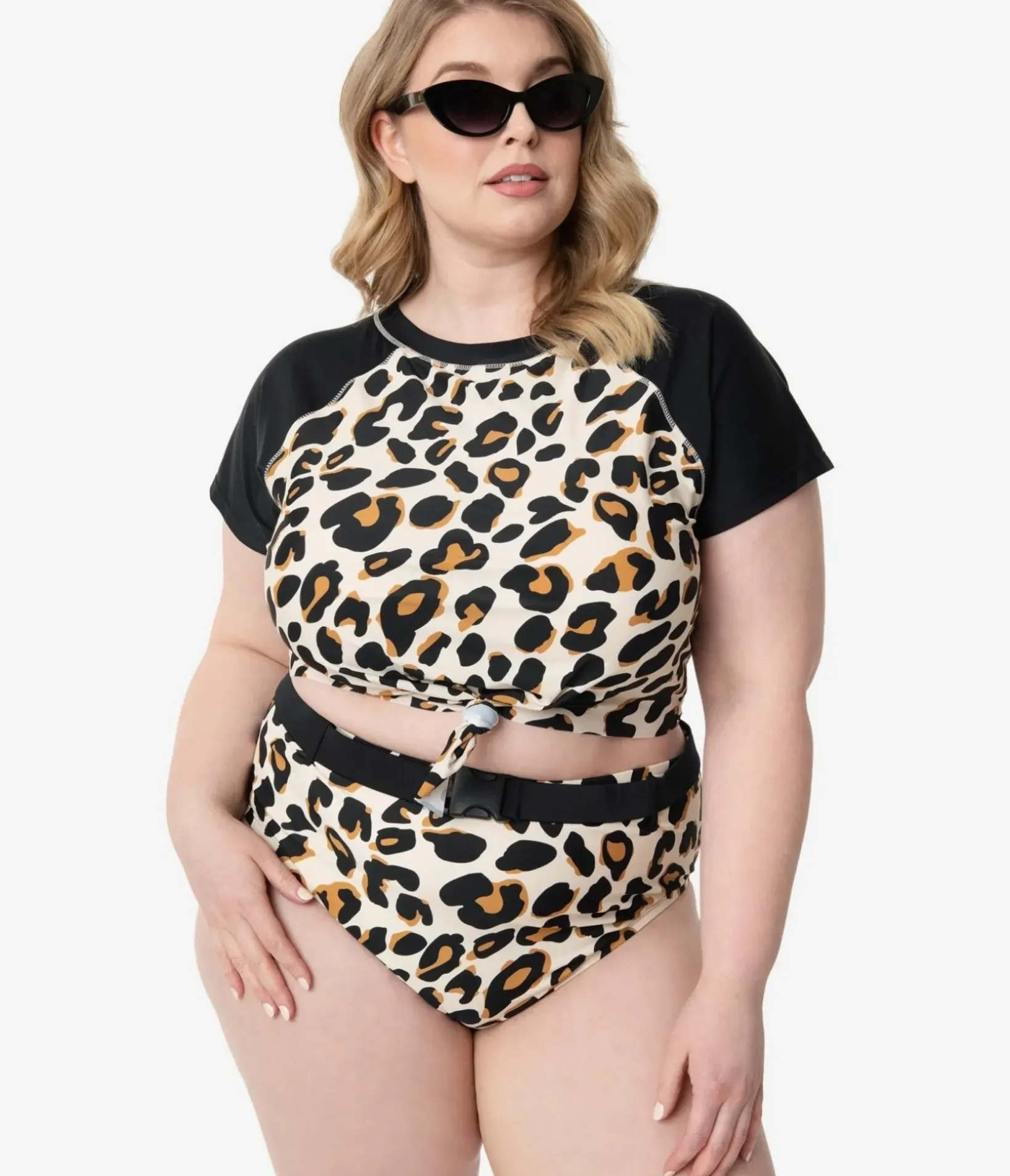 Unique Vintage Two Piece Swim|Swim Bottoms>Plus Size Leopard Print Belted Swim Bottom