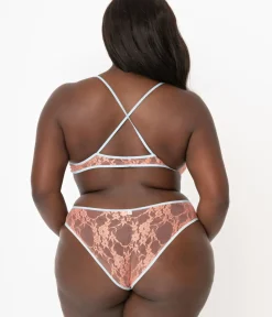 Unique Vintage Lingerie & Shapewear>Plus Size Light Blue & Peach Sheer Lace Cheeky Underwear