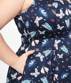 Unique Vintage Swing|Swing>Plus Size Navy & Multicolor Bug Cotton Swing Dress