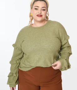 Unique Vintage Sweaters & Cardigans|Sweaters & Cardigans>Plus Size Olive Green Ruffle Trim Ribbed Pullover Sweater