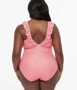 Unique Vintage One Piece Swim|All Things Pink>Plus Size Red & Pink Striped Ruffle Sleeve One Piece Swimsuit