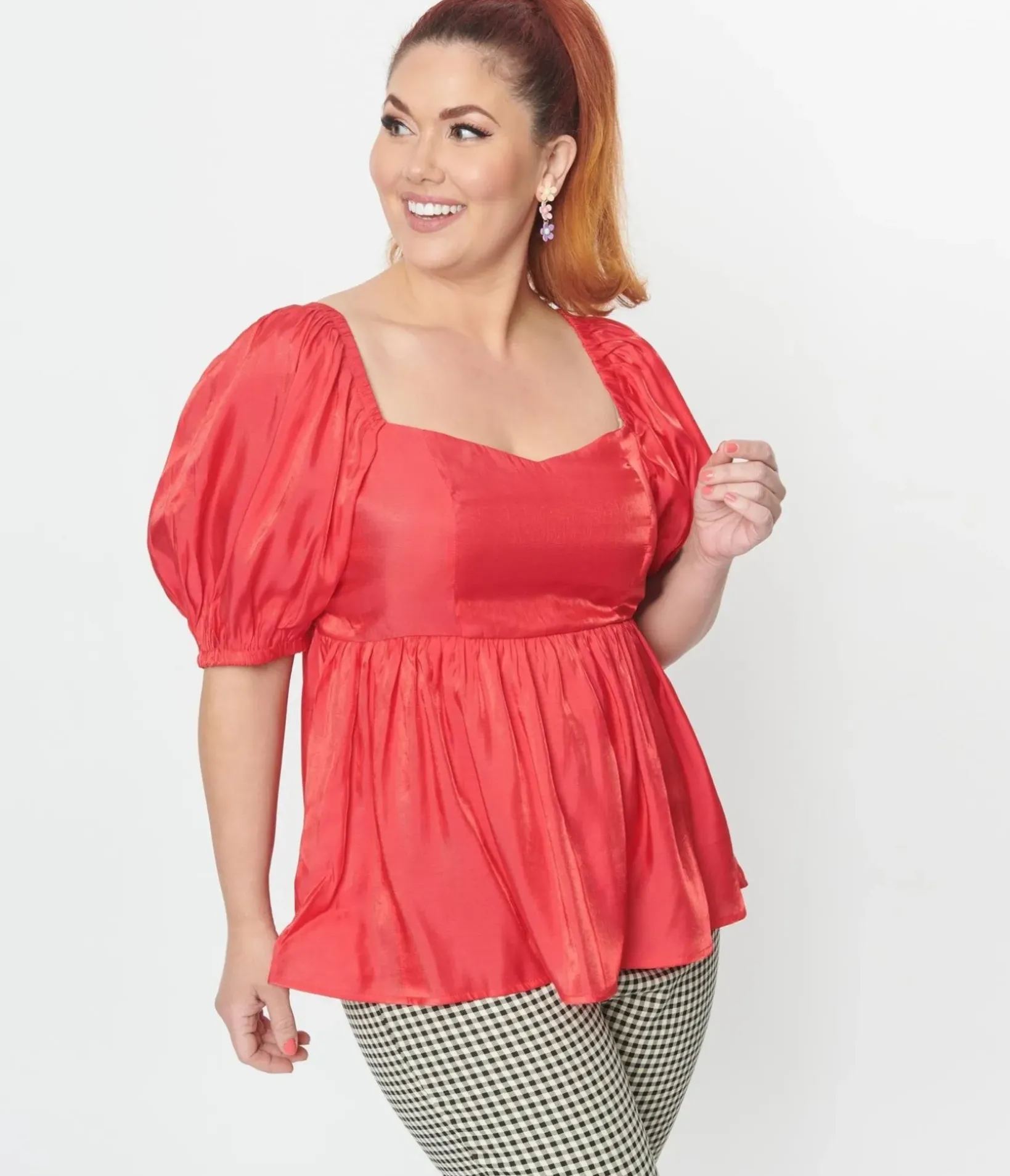 Unique Vintage All Things Red>Plus Size Red Shimmer Babydoll Top