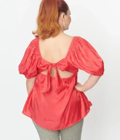 Unique Vintage All Things Red>Plus Size Red Shimmer Babydoll Top